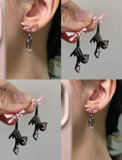 Pink Bow Black Cat Dangle Earrings
