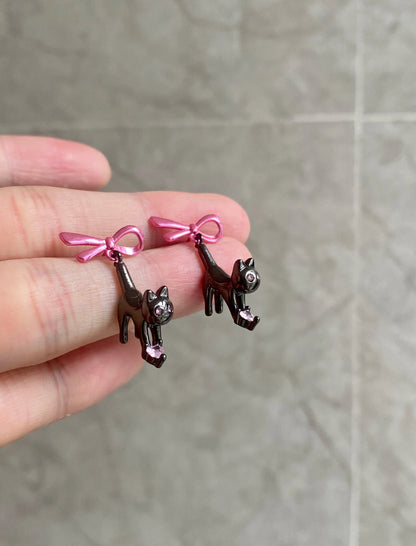 Pink Bow Black Cat Dangle Earrings