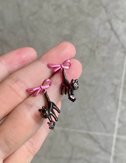 Pink Bow Black Cat Dangle Earrings