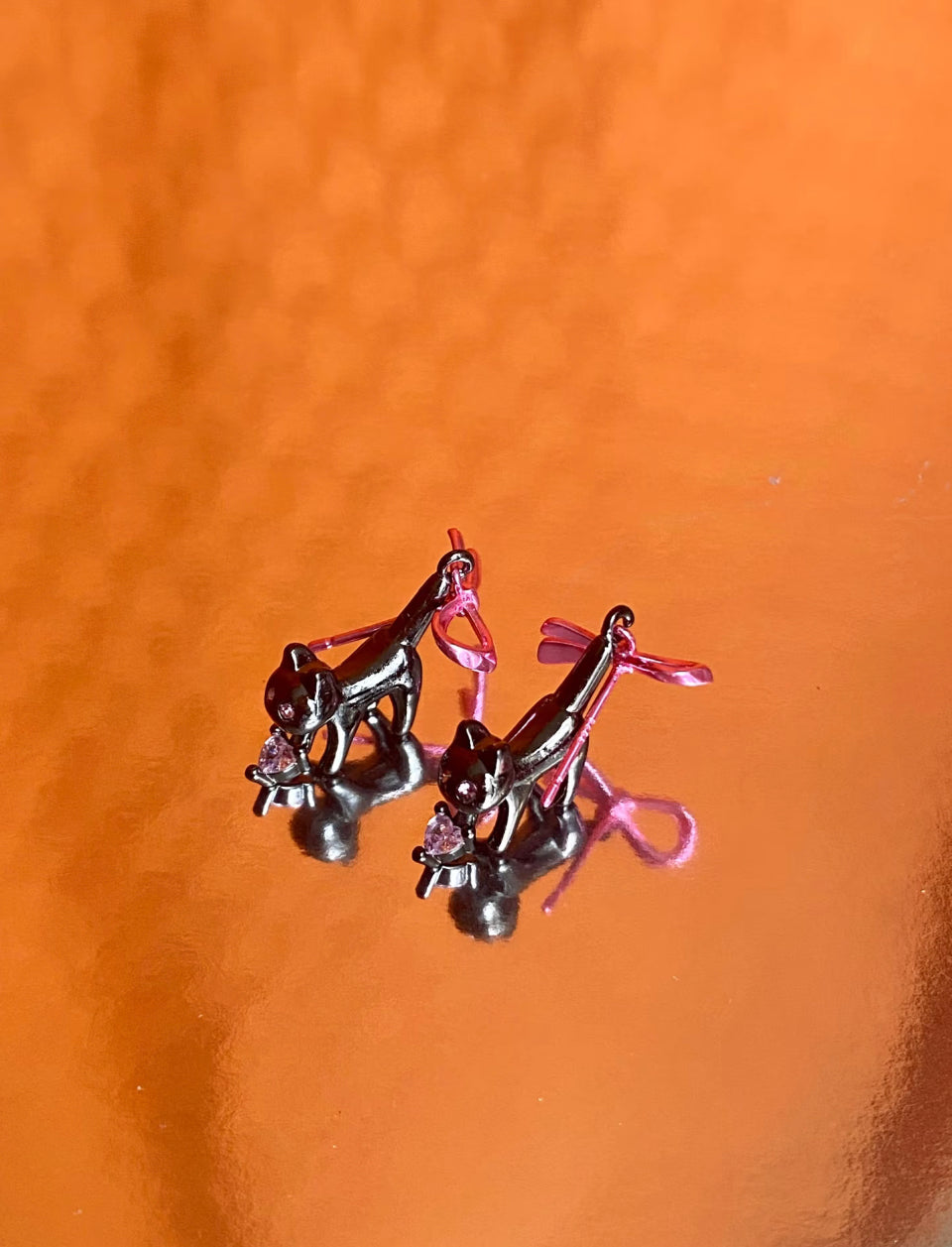 Pink Bow Black Cat Dangle Earrings