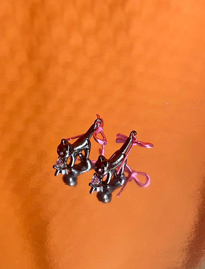 Pink Bow Black Cat Dangle Earrings