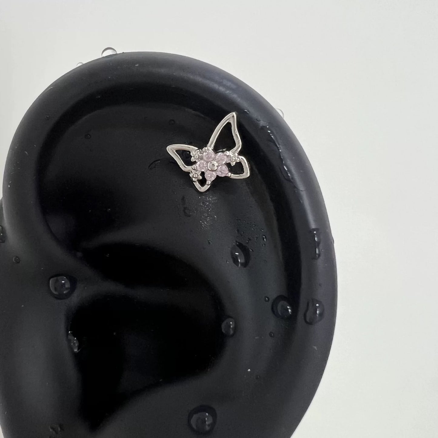 Silver Pink Butterfly Stud