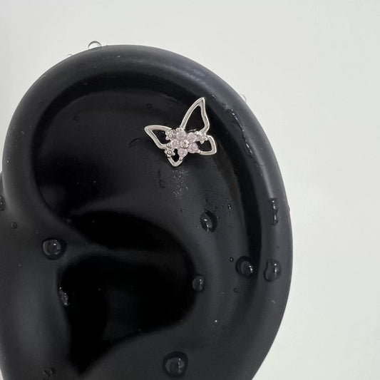 Silver Pink Butterfly Stud