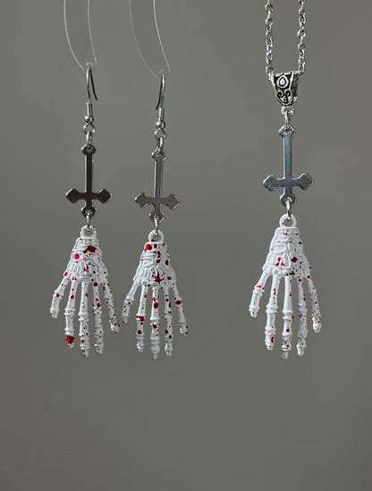 Bloody Skeleton Hand & Inverted Cross Necklace