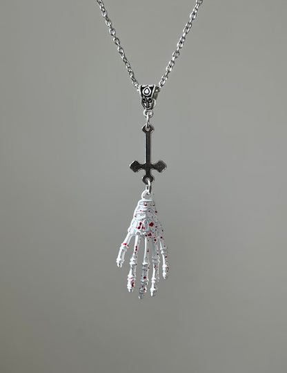 Bloody Skeleton Hand & Inverted Cross Necklace