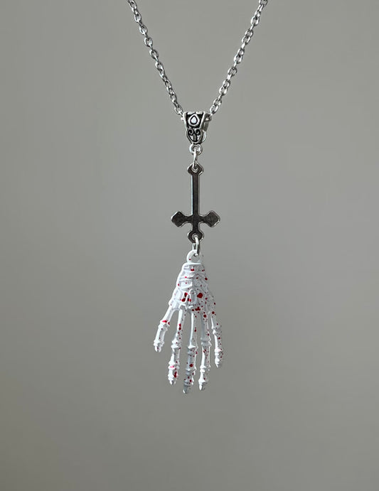 Bloody Skeleton Hand & Inverted Cross Necklace