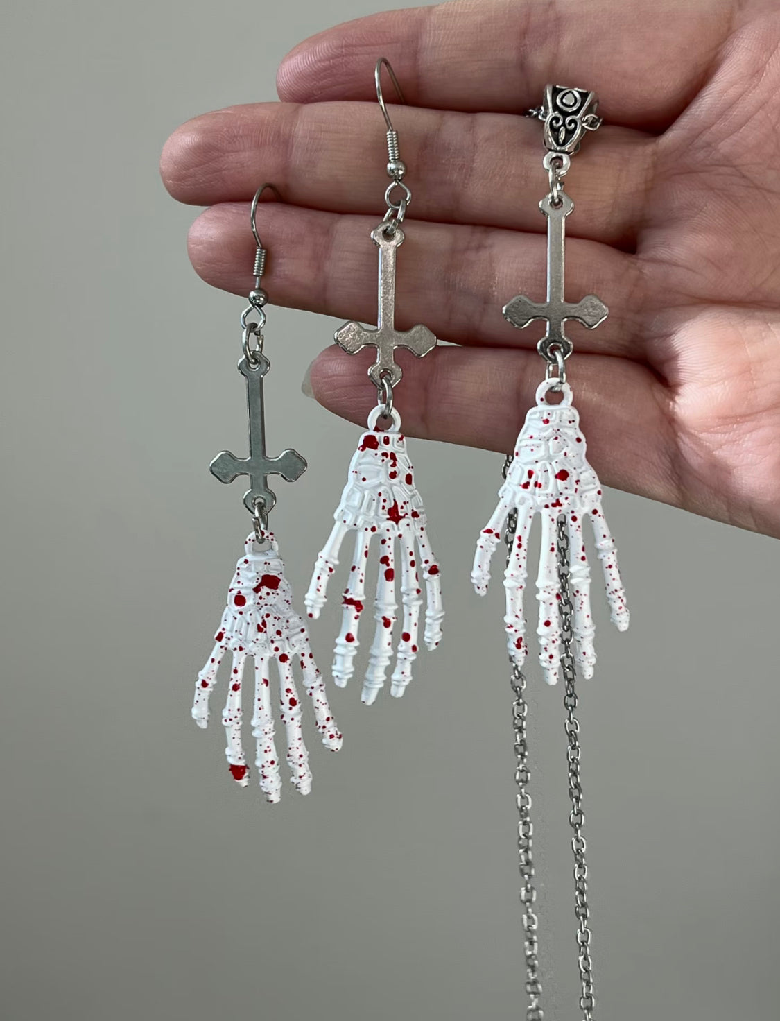 Bloody Skeleton Hand & Inverted Cross Necklace