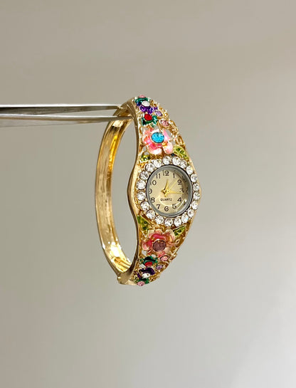 Vintage-Style Floral Enamel Bangle Watch