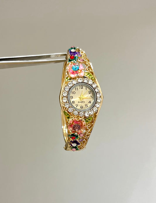 Vintage-Style Floral Enamel Bangle Watch