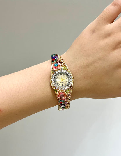 Vintage-Style Floral Enamel Bangle Watch