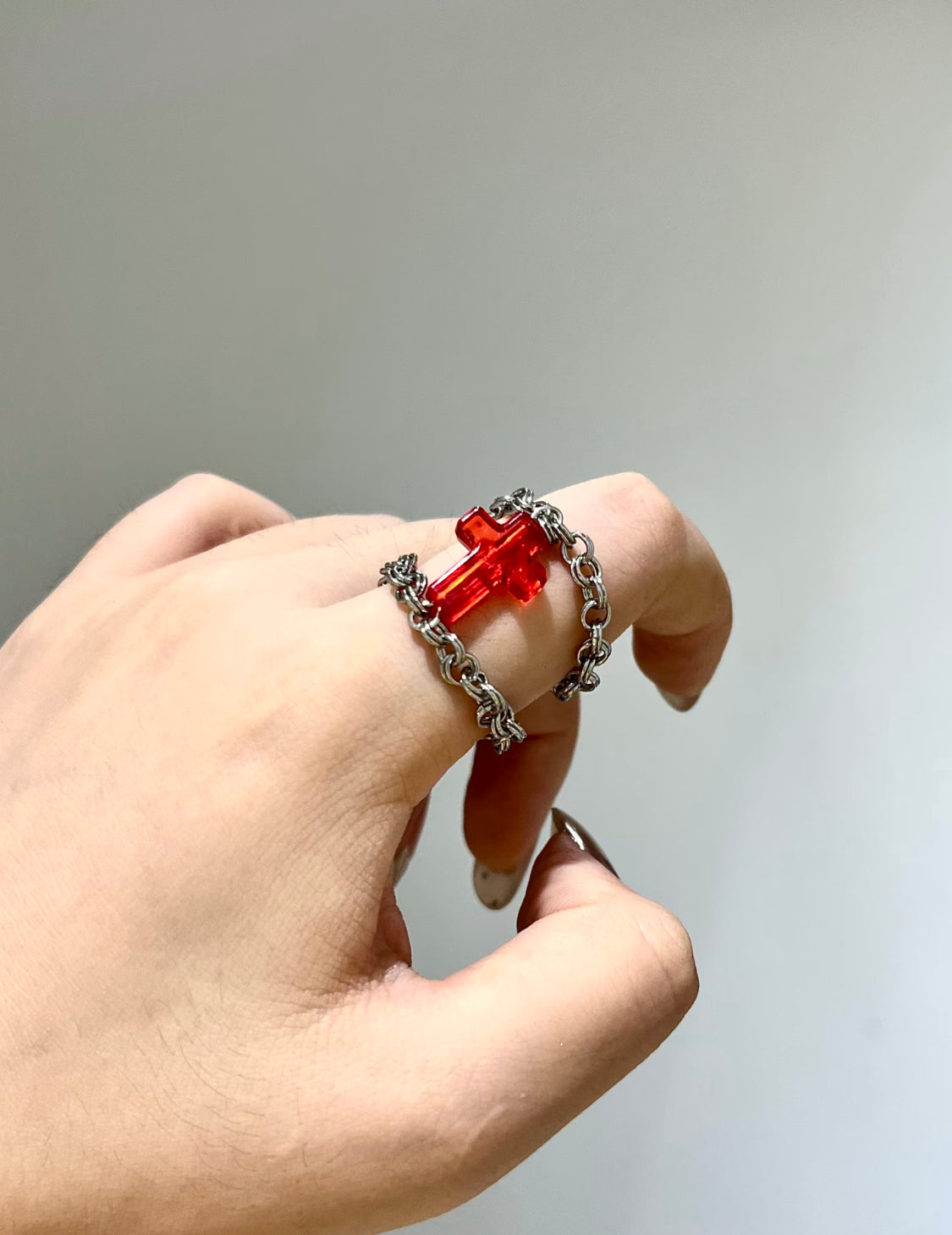 Red Glass Cross Double-Chain Ring