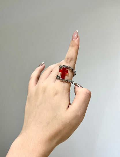 Red Glass Cross Double-Chain Ring