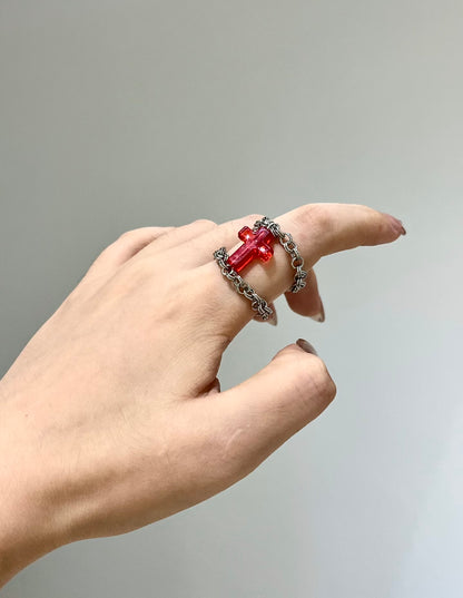 Red Glass Cross Double-Chain Ring