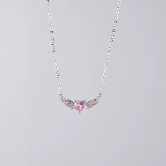 Pink Heart Angel Wing Necklace