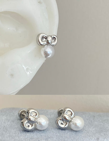 Pearl Kitty Bow Helix Earrings