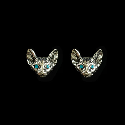 Silver Sphinx Cat Teal Eye Earrings