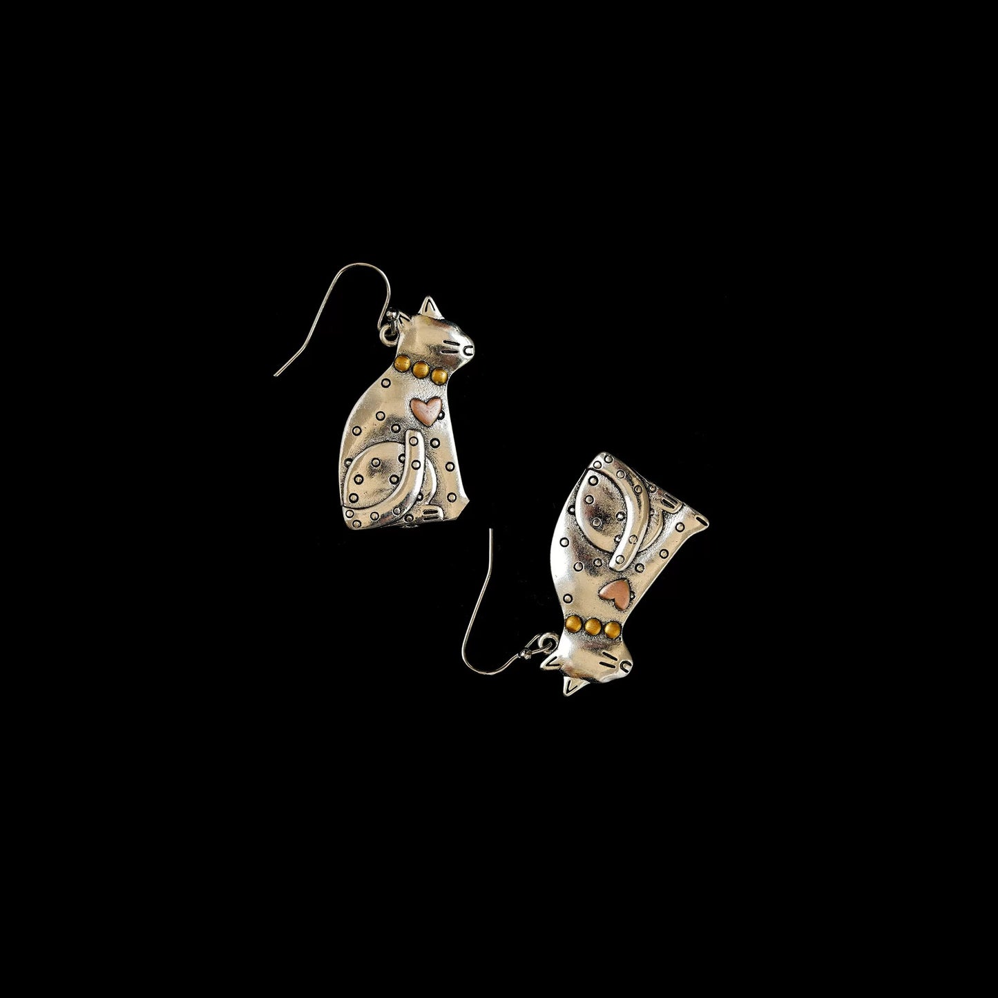 Antique Silver Folk Cat Drop Earrings
