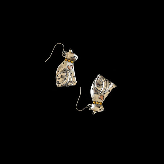 Antique Silver Folk Cat Drop Earrings