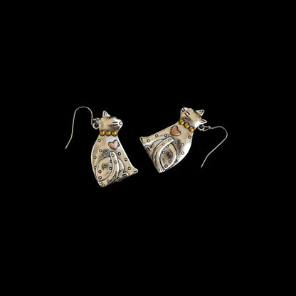 Antique Silver Folk Cat Drop Earrings