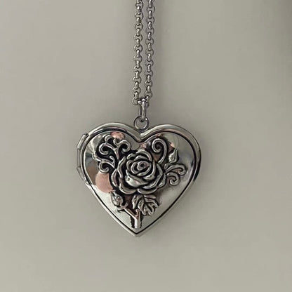 Rose Heart Silver Locket Necklace