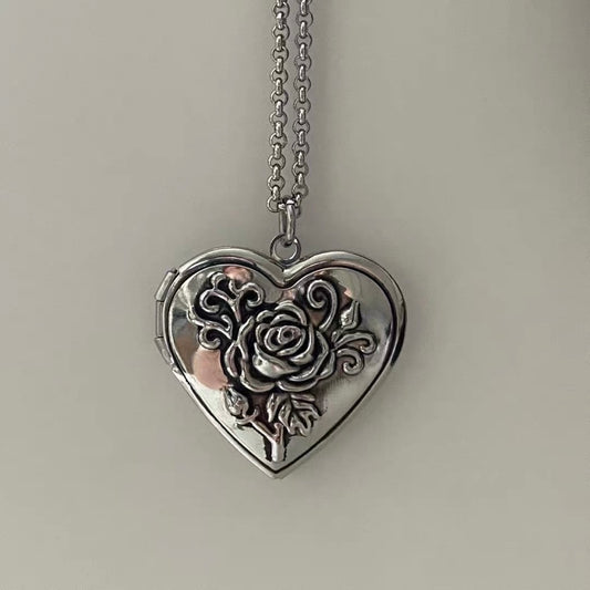 Rose Heart Silver Locket Necklace