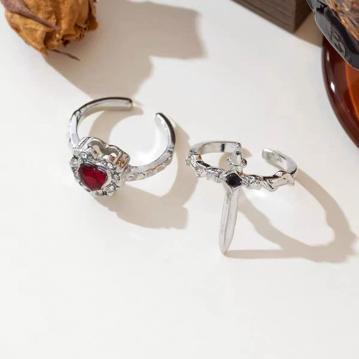 Red Heart & Black Sword Ring Set
