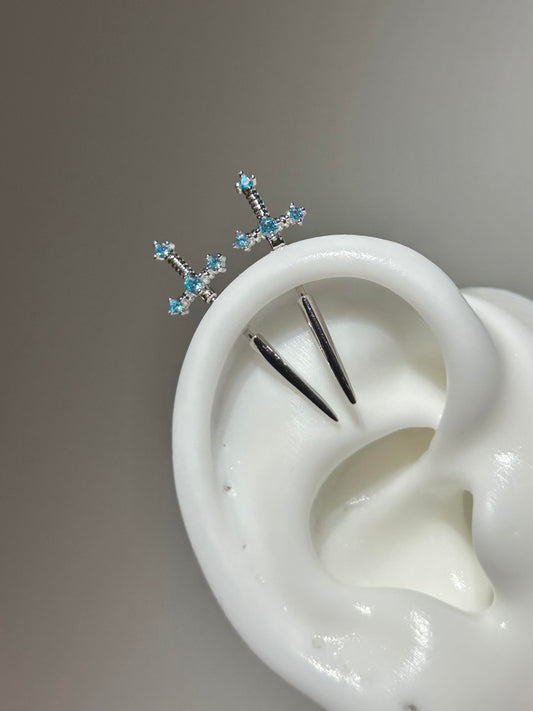 Blue Crystal sword vertical helix earrings
