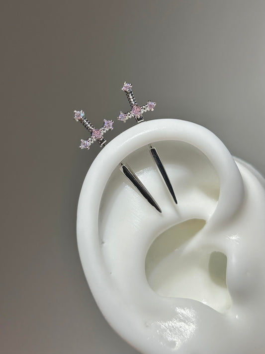 Pink sword vertical helix earrings