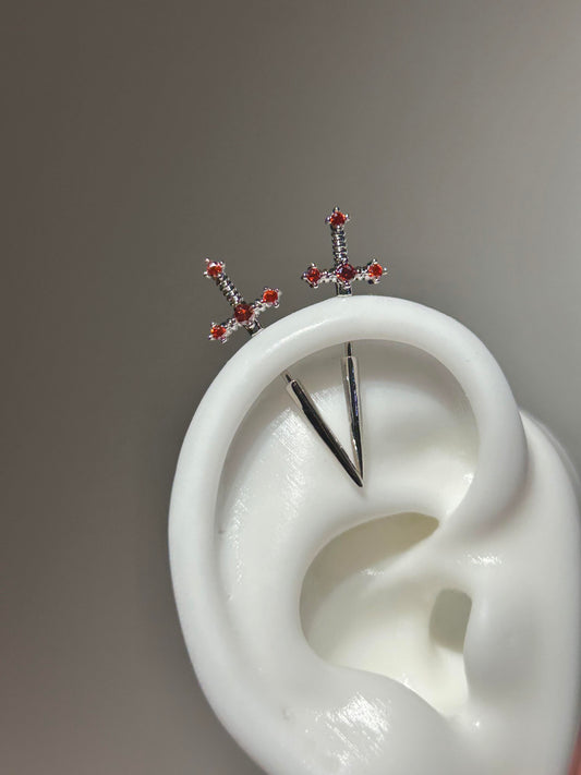 Red sword vertical helix earrings