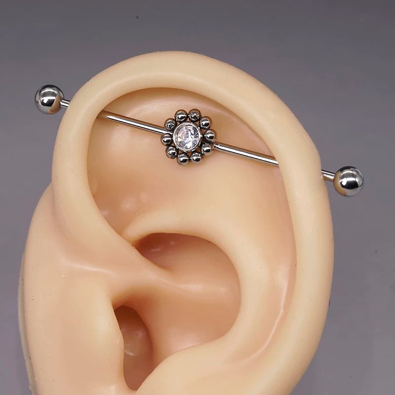 Silver Beaded Flower Crystal Industrial Earring