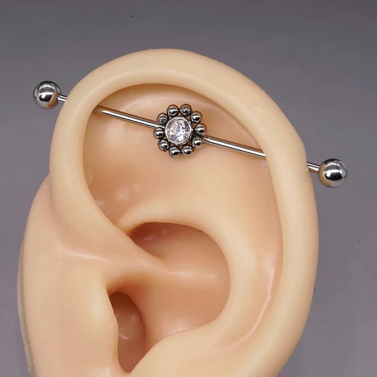 Silver Beaded Flower Crystal Industrial Earring