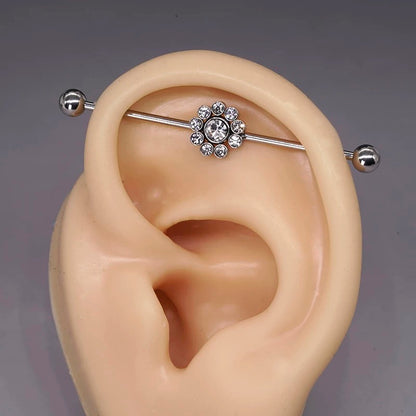 Silver Crystal Flower Industrial Earring