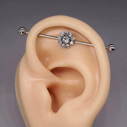Silver Crystal Flower Industrial Earring