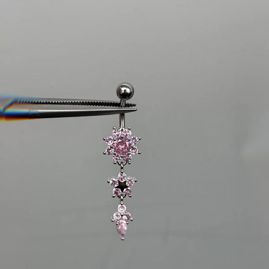 Pink Floral Dangle Belly Bar