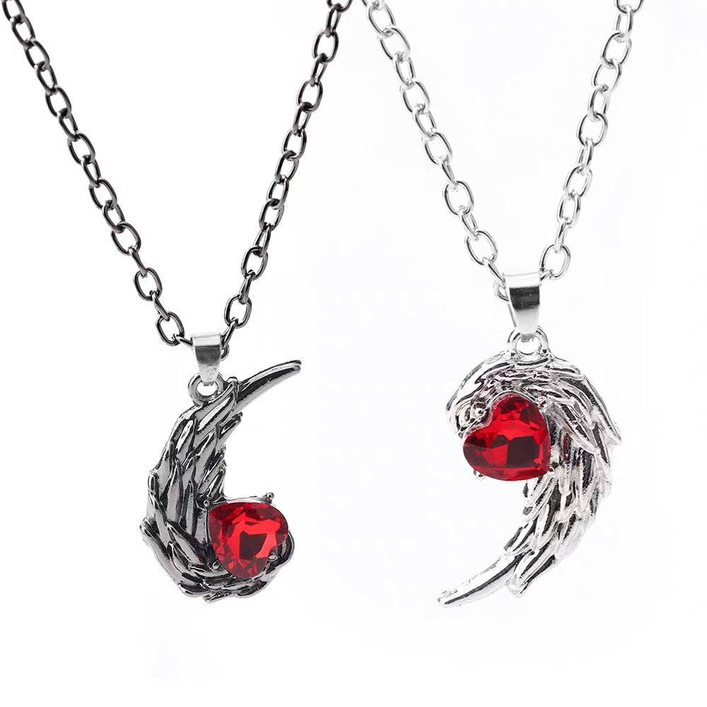 Gothic Wing & Red Heart Necklace Set