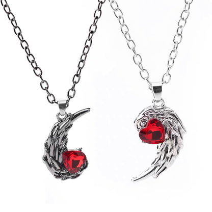 Gothic Wing & Red Heart Necklace Set