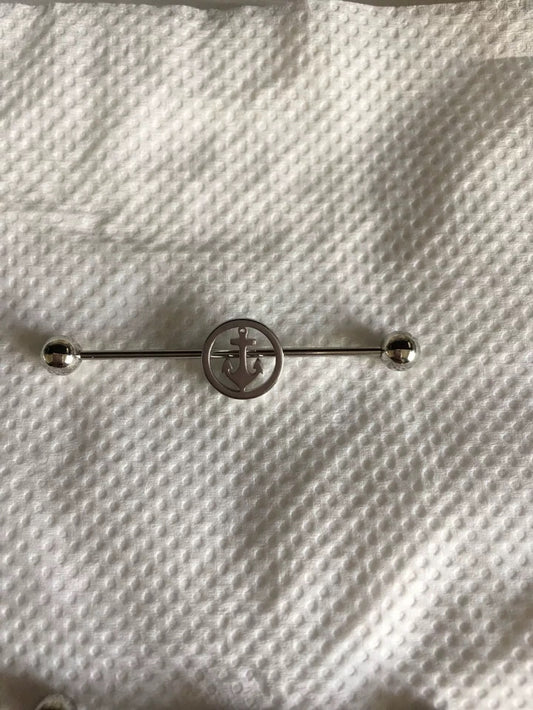 Silver Anchor Circle Industrial Earring