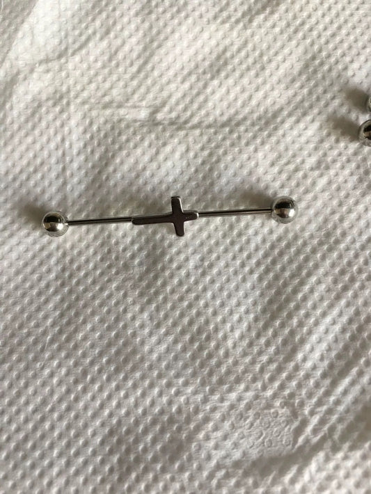 Silver Minimalist Cross Industrial Earring