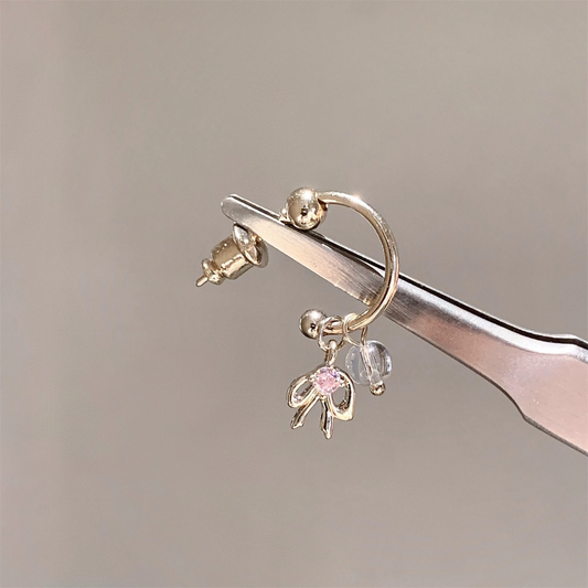 Gold & Pink Bow Charm Hoop Earring