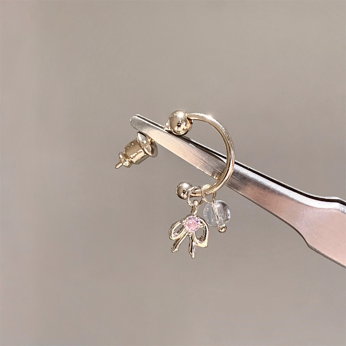 Gold Pink Ribbon Hoop Lobe Earring