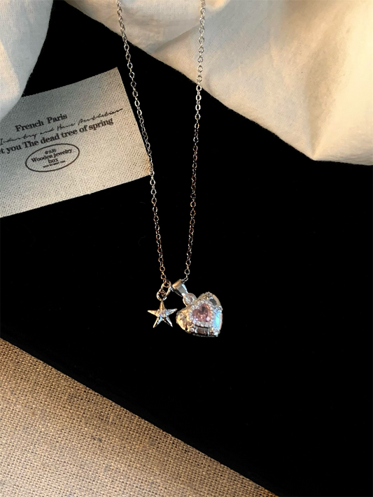 Silver Star and Pink Heart Necklace
