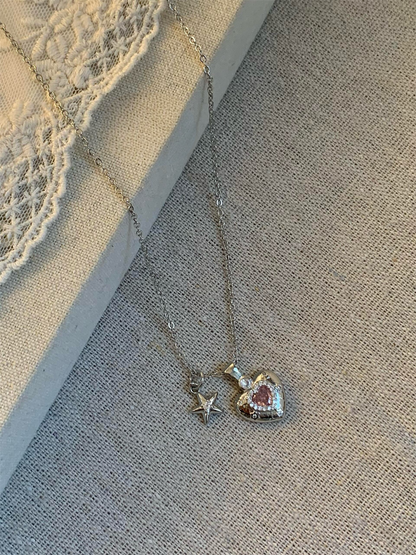 Silver Star and Pink Heart Necklace