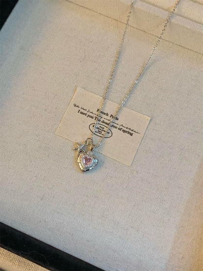 Silver Star and Pink Heart Necklace