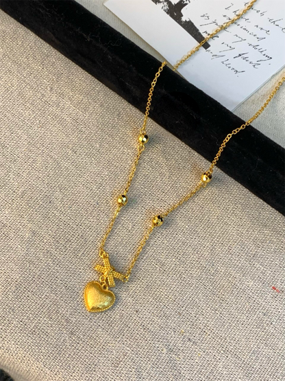 Golden Bow and Heart Necklace