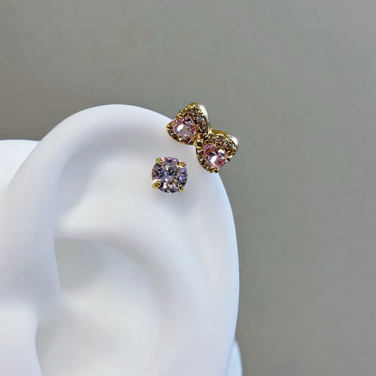 Gold Pink Crystal Bow Earrings