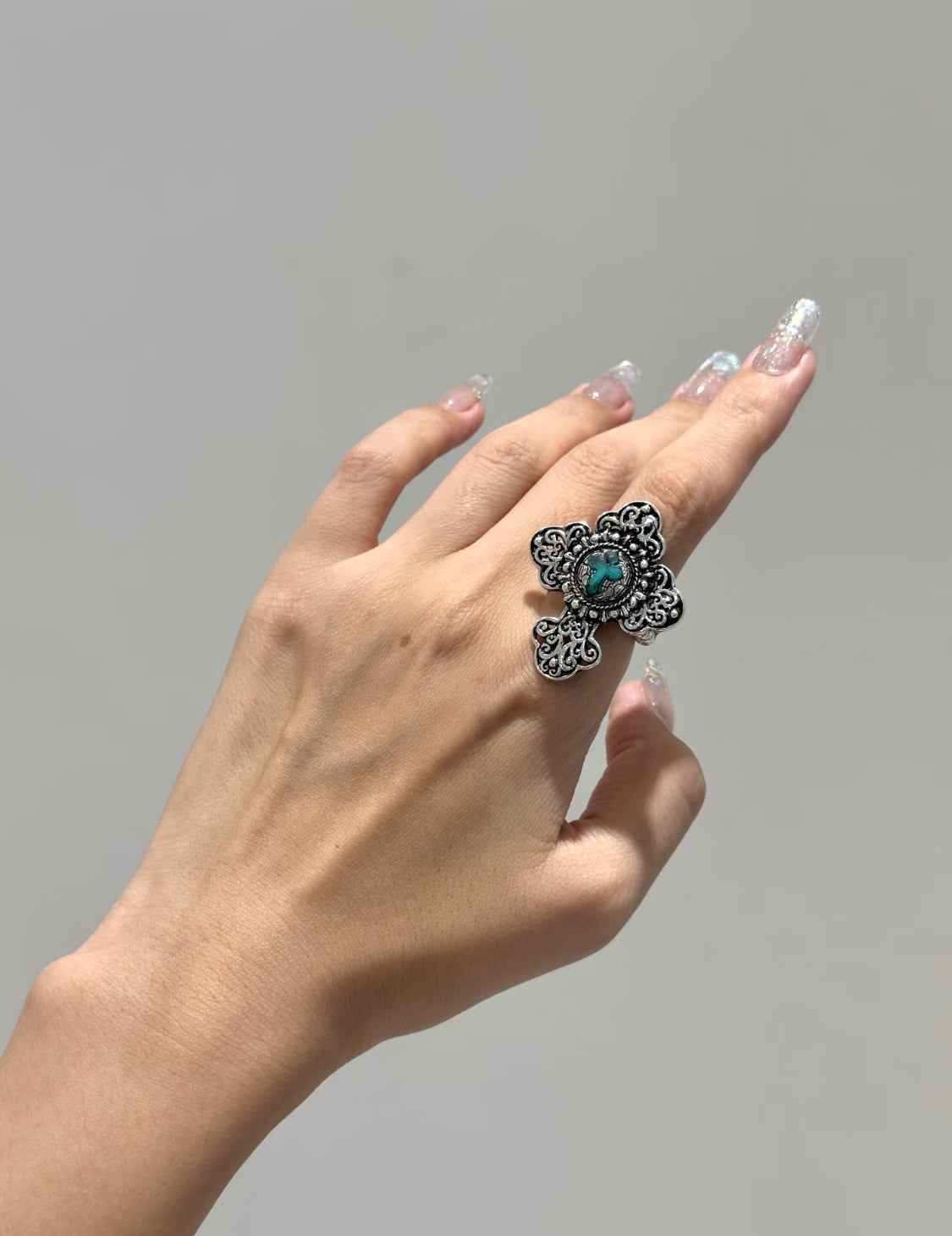 Antiqued Silver Filigree Cross Ring