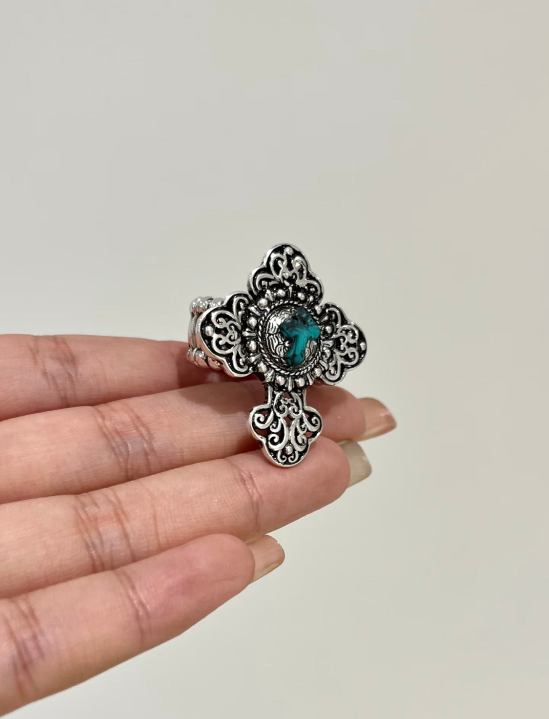 Antiqued Silver Filigree Cross Ring