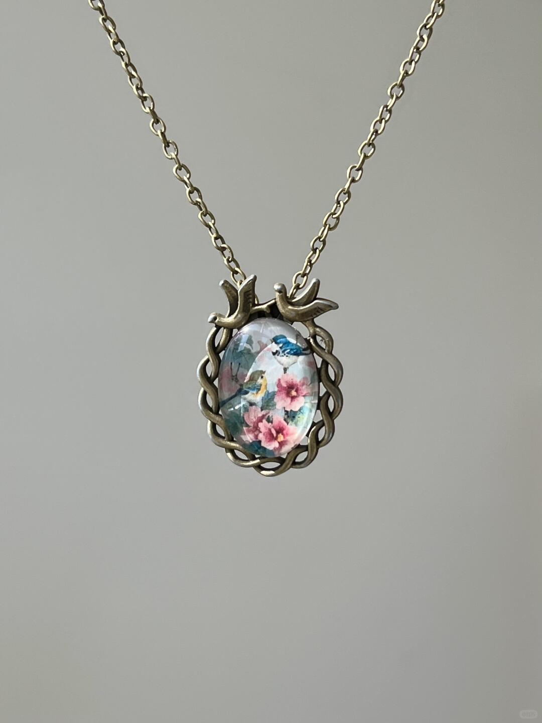 Bronze Pink Floral Bird Necklace