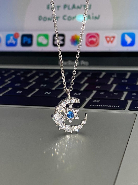 Silver Moon Star Blue Crystal Necklace