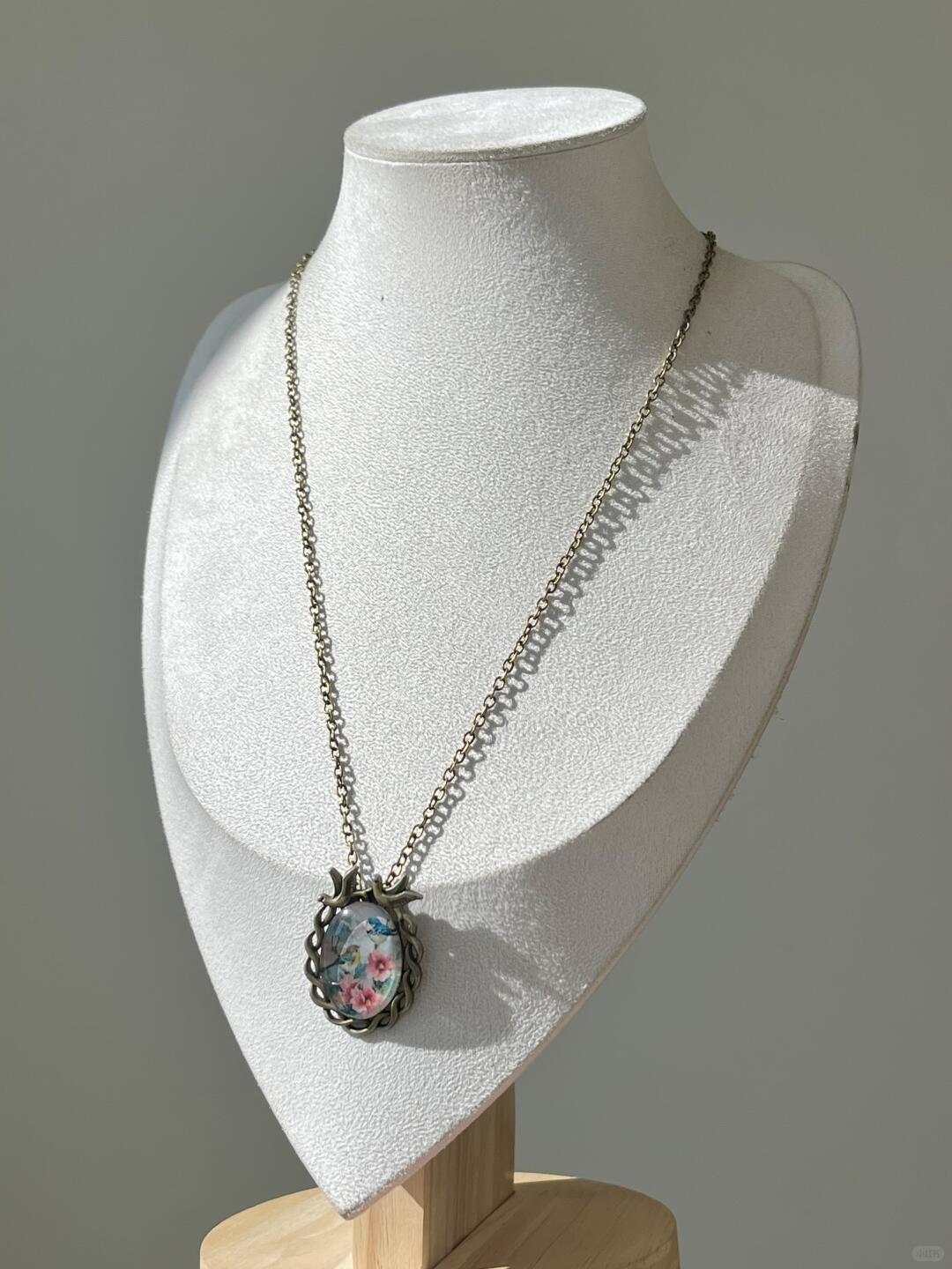 Bronze Pink Floral Bird Necklace